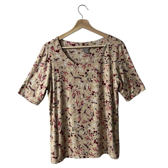 Chicos Knit Top Size 1 Medium Tan Pink Floral Double Lined Scoop Neck Tee Blouse - Picture 1 of 7